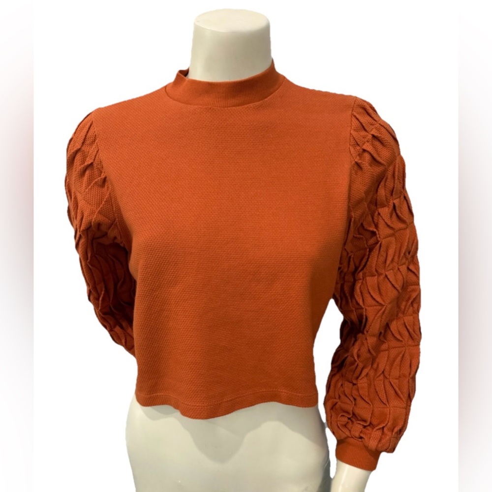 Kronne Rust Orange Textured Balloon Sleeve Crop Sweater Women’s Made in Brazil